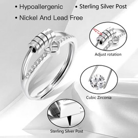 ALEXCRAFT Silver Anxiety Rings for Women Men, 925 Sterling Silver Heart Ring with Zirconia Spinner Bead Stress Relief Ring, Silver Stackable Ring Adjustable Thumb Finger Ring Women Men Unisex Rings