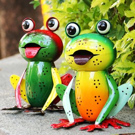 Cruis Cuka Metal Garden Decor Yard Art for Outside Set of 2 Cute Frogs Lawn Patio Ornaments Backyard Decorations Garden Gifts - (Yellow,Green)