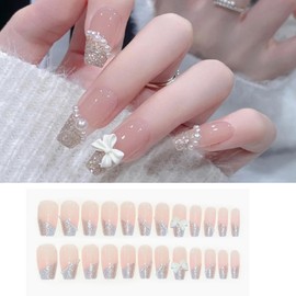 HAPVITAL 24 Pieces Nail Tips, Short Nail Tips, Spring and Summer Trend, Butterfly, 3D Dimensional, Easy to Apply, Reusable, Popular Design, Fake Nails, Gel Nails, Nail Seals, Hand, Nail Art, Nail