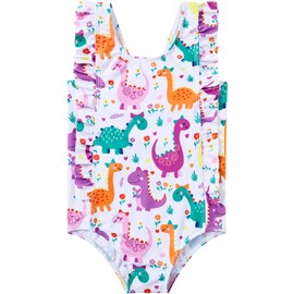 RAISEVERN Baby Girls Swimsuit Ruffles Dinosaur Bathing Suits Cute Cartoon Colorful Flowers Beach Sport White Summer One Piece Swimwear Backless Quick-Dry Swimming Bodysuit for 3t 4t Little Girl