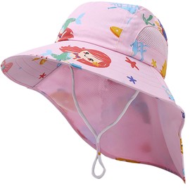 XYIYI Kids Pink Mermaid Sun Hat Flap Neck Protection Adjustable Chin Straps Sun Protection Hats for 3-8 Years Old Boys Girls