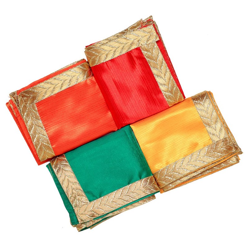 Aditri Creation 4枚セット 装飾プージャクロス レッドグリーンイエロー&オレンジラージプージャクロスマットAasan 4個セット (サイズ:-20インチX22インチ)多目的フェスティバルデコレーションアイテム&アーティクルプージャデコレーションクロス 20"X22"