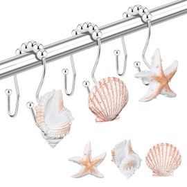 Shower Curtain Hooks Rings, 12PCS Anti Rust Seashell Decorative Double Resin Hooks for Beach Bathroom, Baby Room, Bedroom, Living Room Décor
