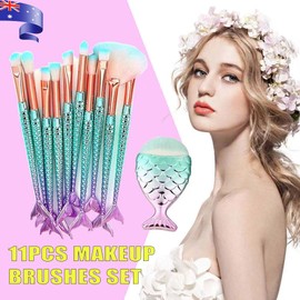 11PCS Makeup Brushes Set with Colorful Fish Tail Handle, Foundation Eyebrow Eyeliner Blush Cosmetic Concealer Brushes Women Girl Cute Make Up Tool Set