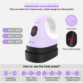 Mini Heat Press Machine, Mini Heat Transfer Iron, 3 Settings Levels & Visible Temp, Portable Press Easy for Crafts, T-Shirt, Hats, Shoes, Bags, Cap and Small Vinyl Projects(Purple)