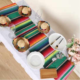 Hillban 12 Pcs Mexican Serape Table Runner Mini Sombrero Straw Hats Mexican Theme Decorations Serape Table Blanket Colorful Striped Runner for Cinco de Mayo Fiesta Wedding(Classic Style,Cute Color)