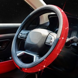 ChuLian New Diamond Leather Steering Wheel Cover with Bling Bling Crystal Rhinestones, Universal Fit 15 Inch Car Wheel Protector for Women Girls Red Diamond