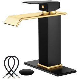 Midanya Waterfall Bathroom Faucets, Single Handle 1 Hole Bathroom Sink Faucet Modern RV Vanity Restroom Lavatory Basin Faucet with Pop Up Drain and Water Supply Lines,Matte Black and Shiny Gold