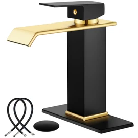 Midanya Waterfall Bathroom Faucets, Single Handle 1 Hole Bathroom Sink Faucet Modern RV Vanity Restroom Lavatory Basin Faucet with Pop Up Drain and Water Supply Lines,Matte Black and Shiny Gold