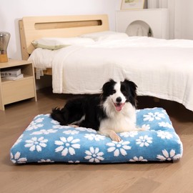 Yaning Dog Beds for Large Dogs, Cute Thick Dog Bed for Crate Kennel, Fluffy Pet Bed with Removable Washable Cover and Anti-Slip Bottom, 35"x 22", Blue Flower
