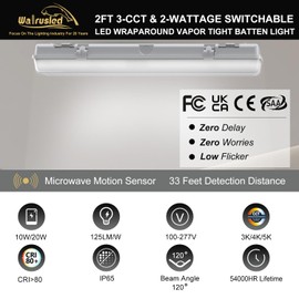 2FT LED Vapor Tight Light with Tri-Level Motion Sensor, IP65 IK08, 10W(1250lm)/20W(2500lm), 3/4/5000K CCT, 100-277V, Dimmable, Outdoor Waterproof Shop Light, Vapor Proof Lighting Fixture, FCC