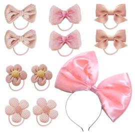 11 Stück Rosa Kinder-Gummibänder, Süßes Elastisches Haarband mit Schleife, Süße Haar-Accessoires, Blumen-Haar-Accessoires, Haar-Accessoires