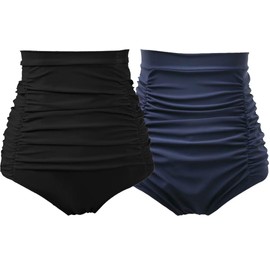 COCOPEAR Women's Ruched High Waisted Bikini Bottom Retro Vintage Swim Short Tankinis (Pack of 2) Black+Navy L/8-10
