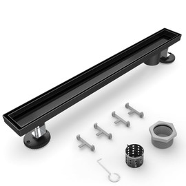 HTOH Shower Drain Offset for Bathroom: 18-Inch Black Linear Shower Drain with Removable Tile Insert Grate - 304 Stainless Steel Rectangular Shower Floor Drain Side Outlet with Hair Catcher
