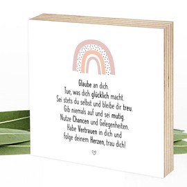 Wunderpixel® Holzbild Glaube an dich - mit Regenbogen - 15x15x2cm zum Hinstellen/Aufhängen, echter Fotodruck mit Spruch auf Holz - Wand-Bild Aufsteller Zuhause Dekoration Geschenk-Idee