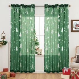 DEARTOWN Christmas Sheer Curtains, Snowflake Silver Foil Print Sheer Curtains, Rod Pocket Window Drapes Xmas Decorations for Bedroom Holiday Party, Green/Silver 52 x 63 inch