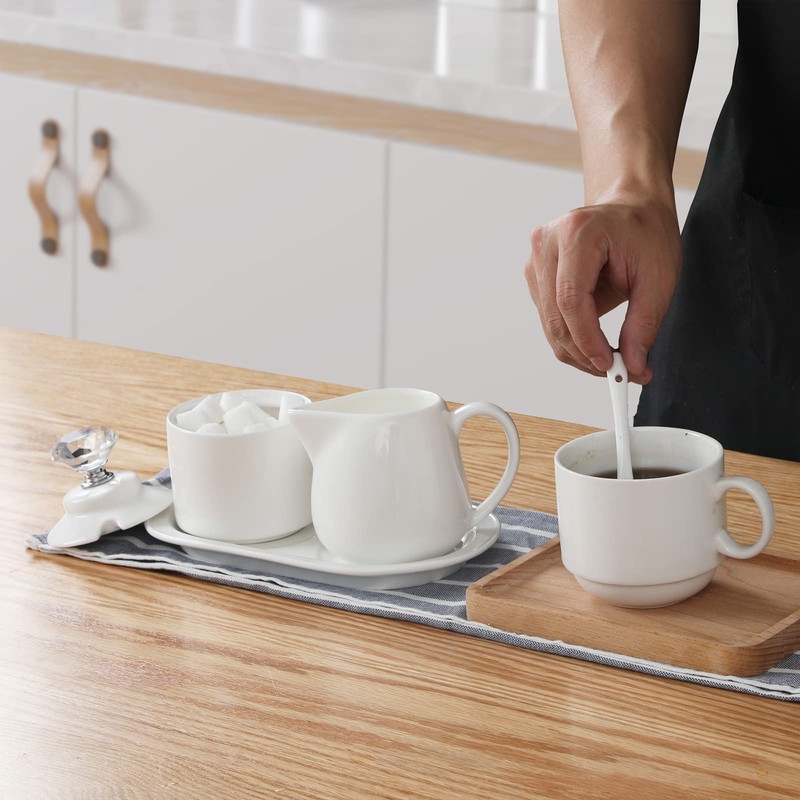 ONTUBE Porcelain Sugar and Creamer with tray and Crystal Lid