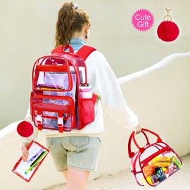 KLFVB Clear Backpack Heavy Duty, 3PCS Girls See Through School Bag Set, Cute Transparent Bookbag for Women - Red