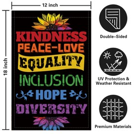 Garden Flag Kindness Peace Love Equality Inclusion Hope Diversity Spring Summer Autumn Flag Double Sided Polyester Vertical Garden Yard Flags Outside Decor Outdoor House 12 x 18 Inch