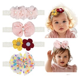Esumun Baby Girl Baptism Hair Flower and Bow Headband, Christening Lace Elastic Hairband for Newborn Infant Toddlers(FLOWER-PINKA)
