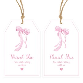 Anwyll Pink Bow Thank You Gift Tags,50pcs Cute Bowknot Thank You Party Favor Tags with String,Thanks for Celebrating with Us Tags,Baby Shower Thanks Tag Birthday Party Wedding Thanks Tag Favor
