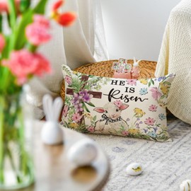 AVOIN colorlife He is Risen Easter Throw Pillow Cover, 12 x 20 Inch Lamb Flowers Cross Cushion Case Decoration for Sofa Couch