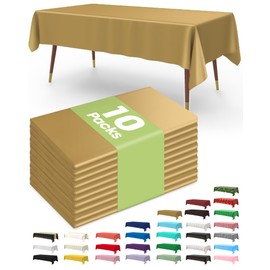 Pureegg Plastic Table Cloth Disposable 10 Pack, 54 x 108 Inch Table Cloths for Parties, Decorative Tablecloths for Rectangle Tables, Gold Plastic Cover, Leakproof & Sturdy, Gold