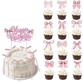 lasuroa Tortenaufsatz Schleife, Rosa Cupcake Topper mit Schleife mit 1 Happy Birthday Dekorationen Party Dekorationszubehör für Geburtstag Hochzeitstag Babyparty