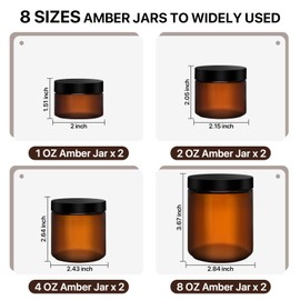 8oz, 4oz, 2oz and 1oz Amber Glass Jars with Lids, 8-Pcs Amber Jars with Inner Liners, Round Dark Jars for Making Candle, Cosmetice Container, Lotion Jar, with Sticker and 8p Spatulas