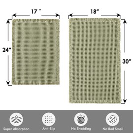 MIULEE Set of 2 Waffle Bathroom Rugs, Boho Bath Rugs Non Slip Washable, Super Absorbent Bath Mats, Ultra Soft Rubber Backed Shower Mats for Bathroom Floor, Tub, Sage Green, 17"x24"+18"x30"
