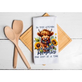 In This Kitchen We Create Memories, One Dish At A Time- Highland Cow - Microfiber White Waffle Weave Towel. 16 x 24 in. Absorbent, No Lint, Thick, Reusable, Commercial, Soft, Hand