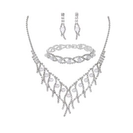 Urieo 3 PCS Rhinestone Wedding Jewelry Set Pearl Sliver Women Jewelry Set Elegant Sparkly Dainty Necklace Bangle Dangle Earring Set Prom Party for Women Bride Bridesmaid