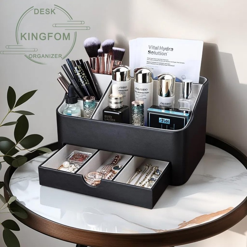 KINGFOM Leather Makeup Organizer with Drawer, Cosmetic Storage for Dresser