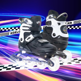 Kids Inline Skates Adjustable Light up Wheels Blades Roller for Boys Girls- Black for Teenagers Youth Age 7 8 9 10 - Cool Racing Car Decorations Indoor Outdoor Birthday Gift for Son and Grandson