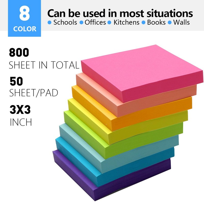 Sticky Notes 3x3, 8 Pack, Colorful Sticky Notes, 800 Sheets,