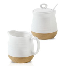 Tikooere Ceramic Sugar and Creamer Container Set of 3,10 Ounce Cream Pitcher,11 Ounce Sugar Bowl with Lid and Spoon,Farmhouse Coffee Bar Accessories Set for Serving,Microwave & Dishwasher Safe,White