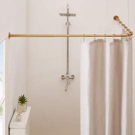 Crkmire Gold Corner Shower Curtain Rod, [24"-37"] x [24"-37"] Adjustable L Shaped Shower Rod No-Sagging 90 Degree Curved Curtain Rod for Bathroom Bathtub with 12 Ring Hooks & Ceiling Support