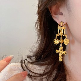 Vintage Rhinestone Cross Drop Earrings.Gold Heart Tassel Dangle Earrings Church Earrings Fashion Jewelry Gifts for Women Teen Girls (Gold)