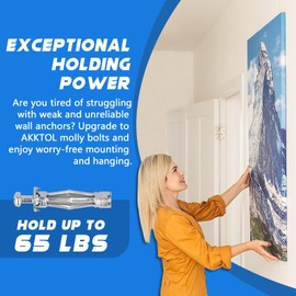 AKKTOL Molly Bolts for Drywall & Plaster Walls (0.12"-1.28"), Easy to Use with Setting Tool, 36 PCS Heavy-Duty Hollow Wall Anchors in 6 Sizes, Holds Up to 65 LBs, Includes Storage Box