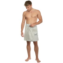 Sansibar Men's Sauna Kilt Sauna Sarong S-XXL with Velcro Fastening, Elastic Band and Pocket with Embroidered Sabre Logo, 100% Cotton, Silver/Light Grey, silver