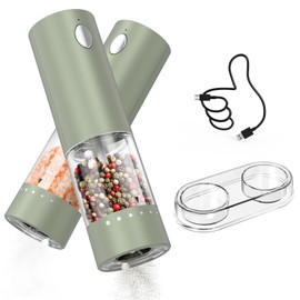CIRCLE JOY Electric Salt and Pepper Grinder Set Rechargeable Salt and Pepper Mills with Storage Base, Adjustable Coarseness and LED White Light, Washable 95ml Container, Green