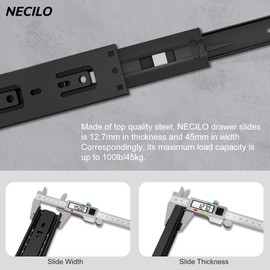 NECILO Push to Open Drawer Runners 300 mm, 45 kg Load Capacity, Drawer Pull-Out Full Extension, Third Part Removable, Side Mounting, Screws Included, 1 Pair