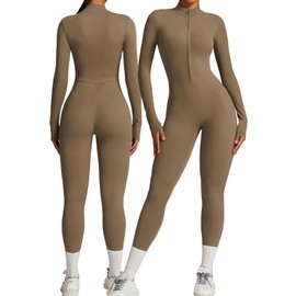 Maeau Women's Sports Leggings, Long Sleeve, Bodysuit, Tights, Shaping, Tummy Tights, Body Shaper, Breathable, High Elasticity, Yoga, Fitness, Training, Stretch, Sweat Absorbent, Quick Drying, Khaki