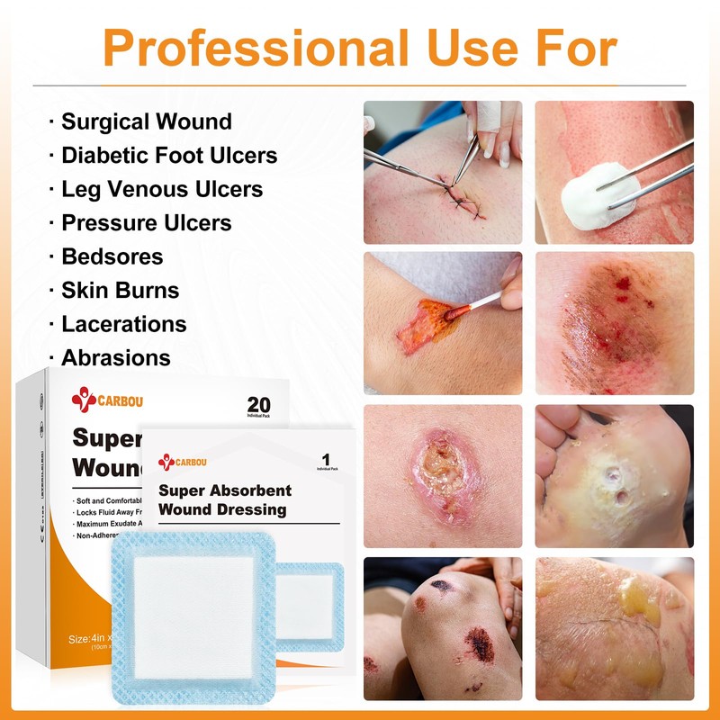 Carbou 4"x 4" Super Absorbent Wound Dressing Pads, 20 Individual
