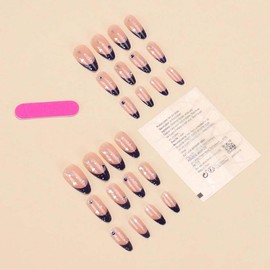 Almond Press on Nails Blue French Tip Fake Nails with Gems Silver Metallic Designs Blue Nails Press ons Star False Nails Full Cover Glossy Glue on Nails Stick on Nails for Women Girls Manicure 24 Pcs