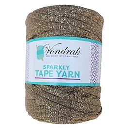 Vondrak Sparkly Tape Yarn 130 Yards Cotton Bulky Yarn Fast Track Modern Crochet Knitting XL Ribbon Blanket (Brown-Gold)