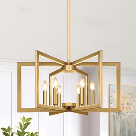 6-Light Modern Gold Chandelier, Geometric Dining Room Light Fixture Industrial Pendant Lights Kitchen Island, Hanging Metal Farmhouse Chandelier for Dining Room Entryway Foyer