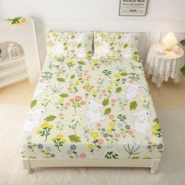 QOOMO Cute Bunny Microfiber Flat Fitted Sheets for Children Green Plants Beautiful Flowers Kids Sheets Set Wildlife Super Soft Kids Bedding Set Full Size 1 Fitted Sheet, 1 Flat Sheet, 2 Pillow Cases