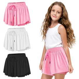 ZeriLion 3 Packs Girls Athletic Shorts with Elastane Liner for Kids, Sports Running Fitness, 2-in-1 Butterfly Skirts with Pocket (Black+White+Pink,XL)