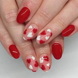 Red Press on Nails Medium Almond Fake Nails with White Red Heart Design Valentines Glue on Nails Reusable Valentine’s Day False Nail Glossy Heart Nail for Women Manicure 24pcs